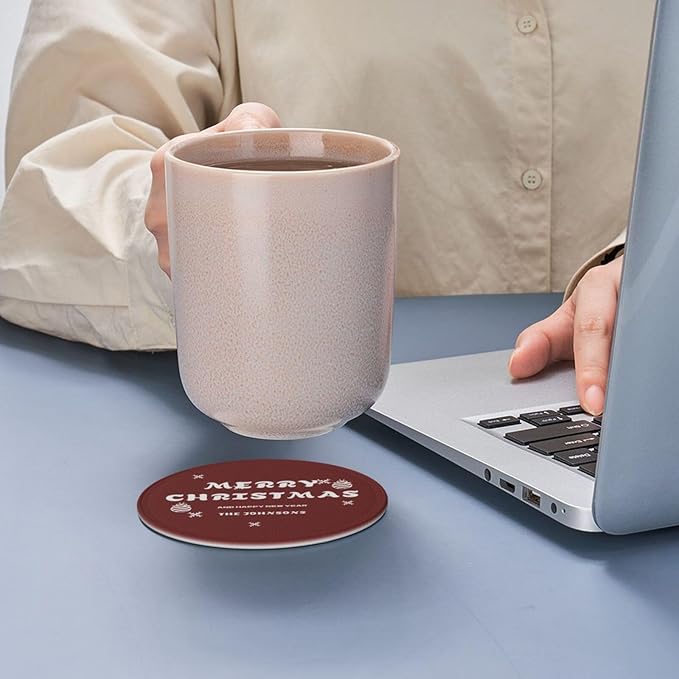Customize PU Leather Coasters for Men, Red Custom Coasters with Last Name, Merry Christmas and Happy New Year Personalized Drink Coaster 6 PCS, Coaster Set with Holder, Gift for Christmas