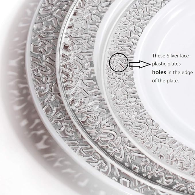 WDF 100pcs Silver Plastic Dessert Plates 7.5" with 100 Pieces Disposable Forks 7.4", Silver Plates Appetizer Plates Small Plates, Fancy Salad Plate and Cake Plate for Party Wedding Valentine's Day