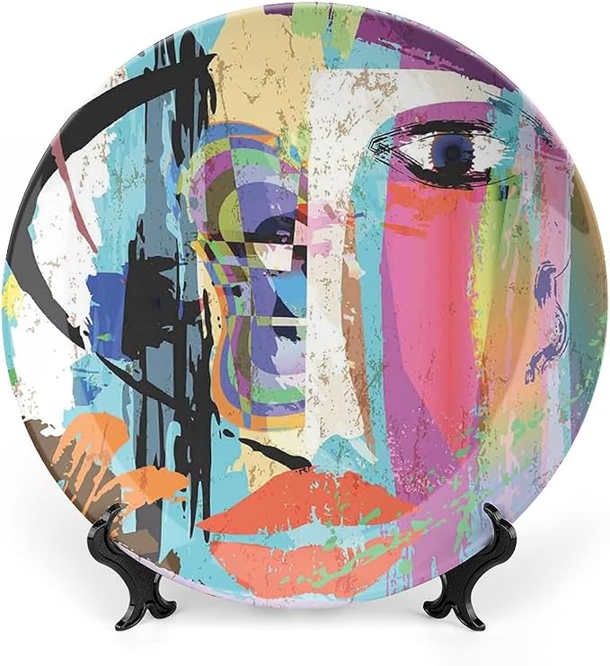 Decorative Plates, Abstract Print Ornament, Woman Face Art Paint Strokes and Splashes Eye Red Lips Grungy, 8 Inch, Kitchen Wall Decor, Multicolor