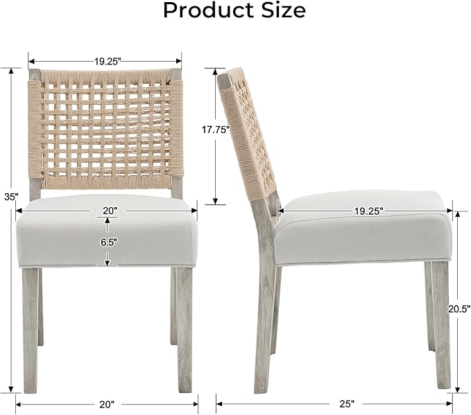 Farmhouse Dining Chairs Set of 2 Linen Fabric Upholstered Accent Side Chair, Mid Century Modern Kitchen & Dining Room Chairs with Woven Rope Back for Home, Living Room, Bedroom - White