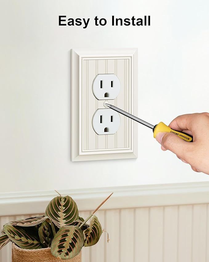 6-Pack Classic Beadboard Duplex Outlet Cover Plate, Decorative Light Almond Switch Plates and Outlet Covers, Natural Bamboo Fiber Wall Plates for Electrical Outlets, 1 Gang Receptacle Cover