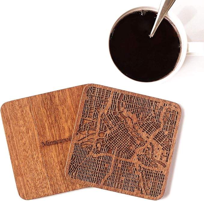 Minneapolis Map Coaster, Set of 4, Sapele Wooden Coaster with city map, Multiple city optional, Handmade