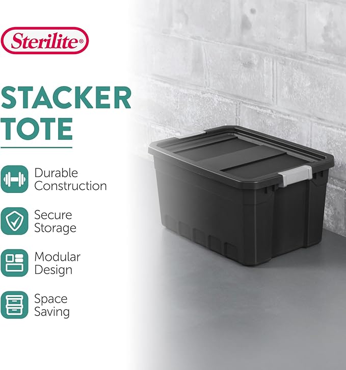 Sterilite 24-Pack Plastic Storage Bins with Lids, Stackable Containers, 19 Gallon, Black