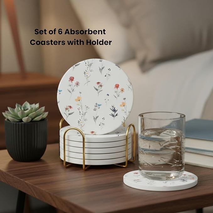Ceramic Absorbent Coasters Set of 6 with Holder, Marble Drink Coasters for Coffee Table, Water-Absorbing Stone Coasters (Flowers Floral Design)