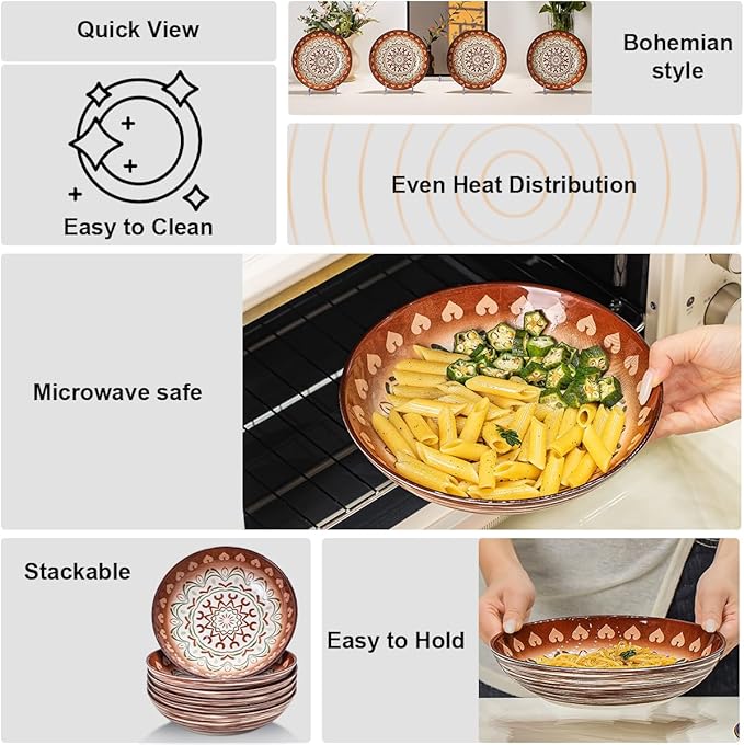 Yeacccng Pasta Bowls Set of 6, 35 Oz Ceramic Large Salad Bowl, 8.5 Inch Colorful Serving Bowls for Kitchen, Dishwasher & Microwave Safe, Scratch-Resistant, Lead-Free (Brown*6)