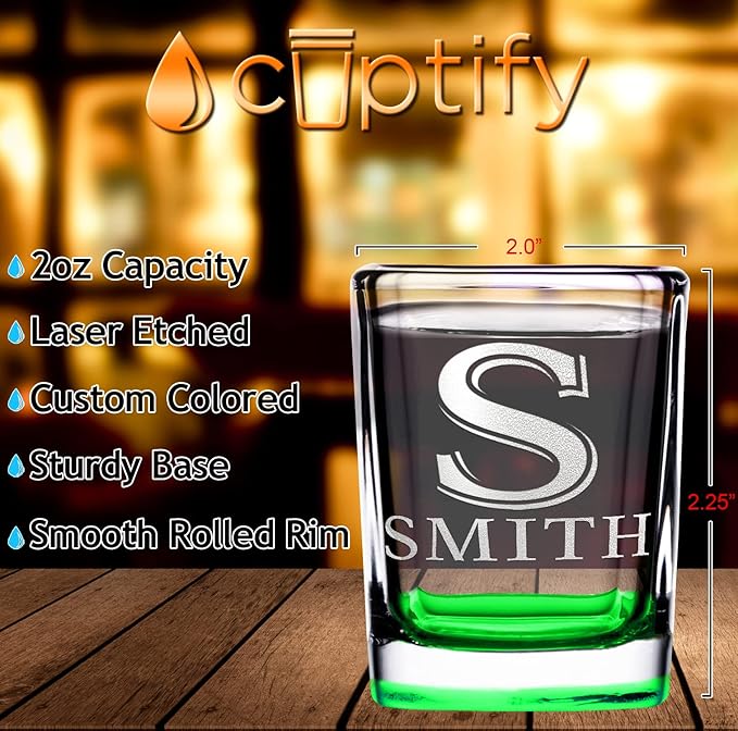 Personalized Glasses Split Script Initial and Name Set of 10 2oz Green Bottom Etched Square Shot Glass Engraved with Custom Text Birthday Gift for Men and Women