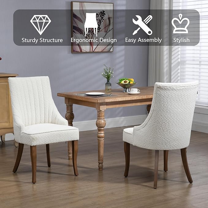 mikibama Boucle Dining Chairs Set of 4 Channel Tufted Kitchen Dinner Chair Comfy Teddy Fabric Upholstered Accent Chair for Dining Room with Solid Wood Legs (Off White 4pc)