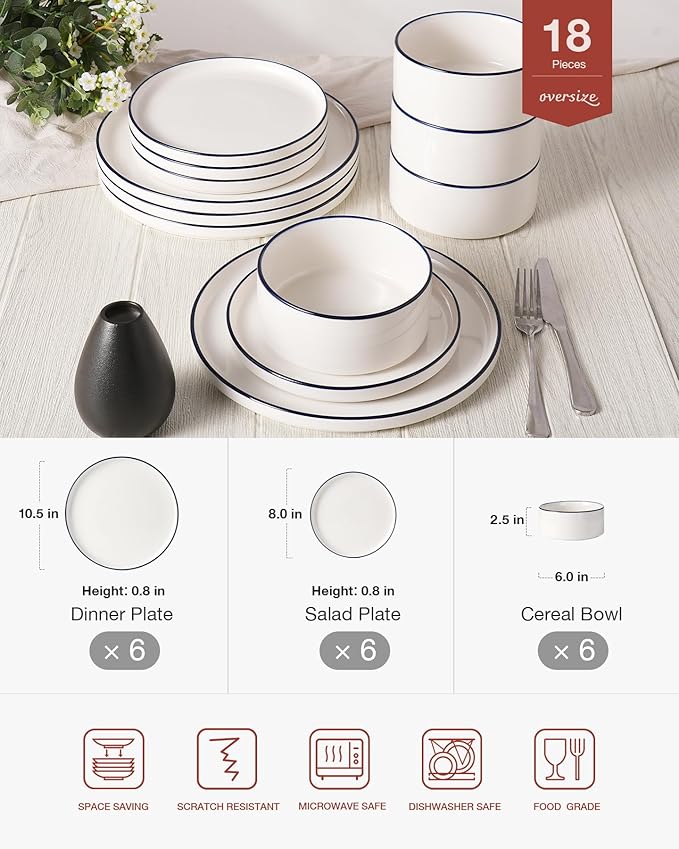 Famiware Porcelain Dinnerware Set, 18-Piece Modern Plate and Bowl Set, dish set for 6, Microwave and Dishwasher Safe Tableware, White with Blue Trim