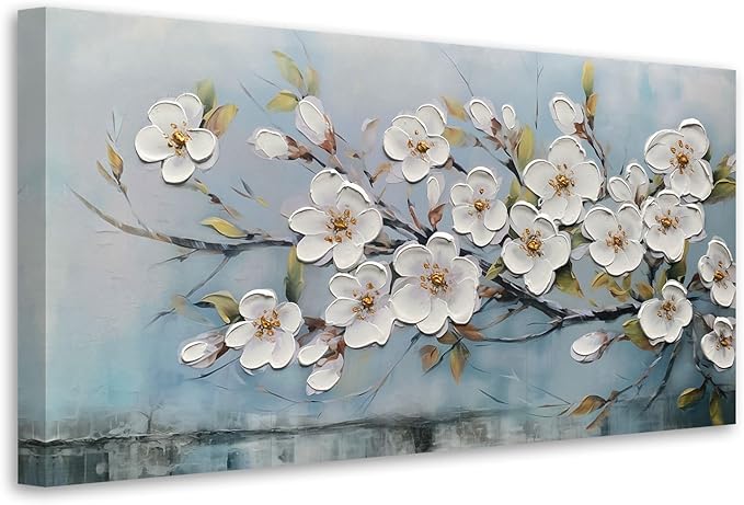 Anolyfi White Textured Flowers Wall Art for Living Room Canvas Wall Decor, Modern Elegant Landscape Wall Art for Dining Room Hallway Office Home 40"x20"