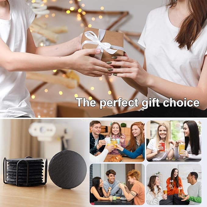 Slate Coasters Set of 48,4-Inch Black Round Stone Drink Coasters with Scratch-Resistant Backing, Durable Tabletop Protection for Home Office Kitchen, Ideal Housewarming Wedding Gifts