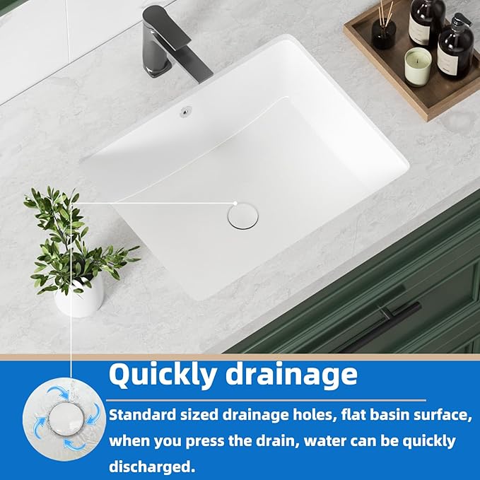 20 Inch Rectangle Undermount Bathroom Sink 19.5" X 15.9" Under Counter Vanity Sink Opening Size 17.5" x 13.78" White Porcelain Basin Sink Lavamanos Para Baños KINGWONG