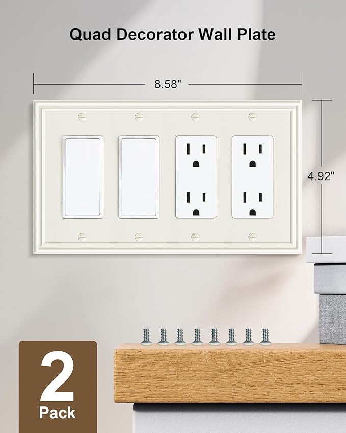 2-Pack Quad Decorator Outlet Cover Plate, Zinc Alloy Decorative Light Almond 4 Gang Switch Plates for Electrical Outlets, Receptacle, GFCI Outlet, Dimmer Switch