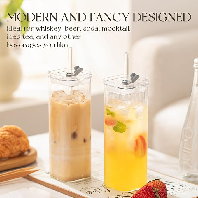 6 Sets Glass Cups with Lids & Straws, Square Ribbed Drinking Glasses with Lids, Clear Highball Tumblers for Cocktail, Coffee, Juice, Beer, Modern Mixed Drinkware Jars