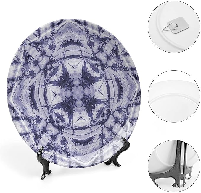Ceramic Display Plate, Abstract Ceramic Hanging Decorative Plate, Modern Art Generated Resisting Twisting Fractal, 7 Inch, Living Room Kitchen Decoration Household, Lavender Blue Indigo