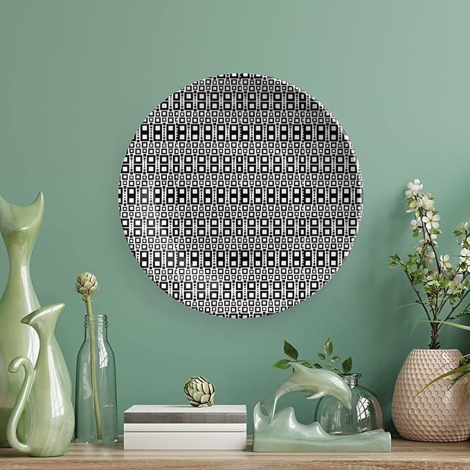 Decorative Plates, Abstract Print Ornament, Monochrome Squares of Motif Grid Design Geometric, 7 Inch, 1 Plate with 1 Display Stand, Black White