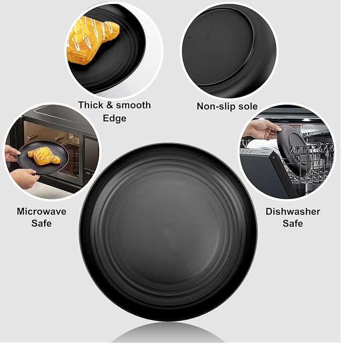 LIYH 20 Pcs Wheat Straw Black Plastic Plates - 9 Inch Unbreakable Dinner Plate Reusable, Dishwasher & Microwave Safe, Camping Outdoor Plates
