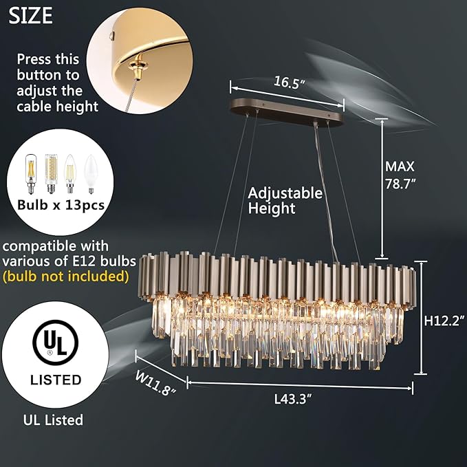 L43.3 Modern Rectangle Crystal Chandelier Nickel Linear Pendant Ceiling Light Fixture for Dining Room Contemporary Oval Raindrop Chandeliers Lighting for Kitchen Island 13-Light