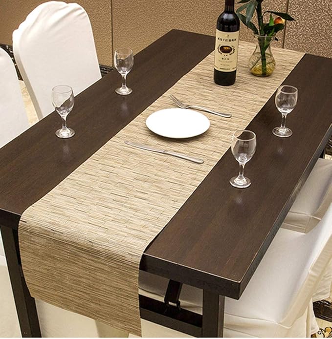 SHACOS Woven Vinyl Table Runner Indoor Outdoor 12x54 inch Kitchen Dining Table Runners Wipe Clean Washable PVC Table Runner, Bamboo Tan