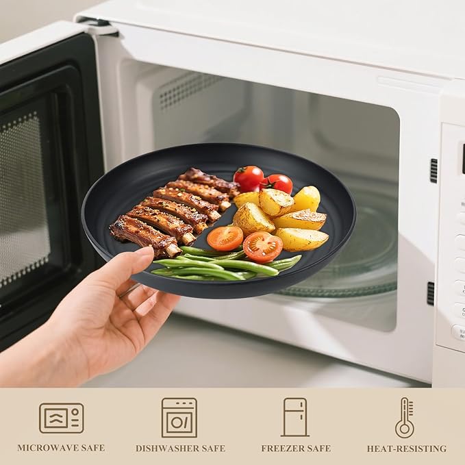 Wheat Straw Plates 9 Inch, Unbreakable Plastic Plates Reusable, Dinner Plates Set of 8, Lightweight Kitchen Plate, Dishwasher & Microwave Safe Plate for Outdoor, Camping, Picnic(Black, Grey)