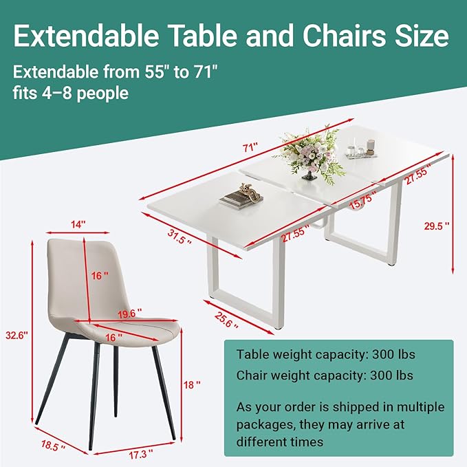 Extendable Dining Table Set for 4, 55"–71" Modern White Kitchen Table with 4 Upholstered Chairs, Space-Saving for Living Room Apartment, Sturdy & Comfortable, Easy Assembly