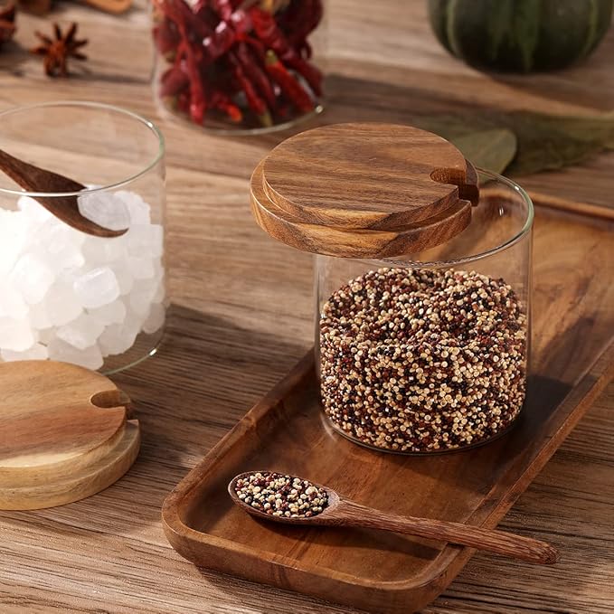 3 Pack 250ml / 8.5oz Clear Glass Spice Jar with Acacia Wooden Lid and Spoon, Classic Style, Kitchen Storage Container, 3.2 inches (diameter) x 3.5 inches (height)