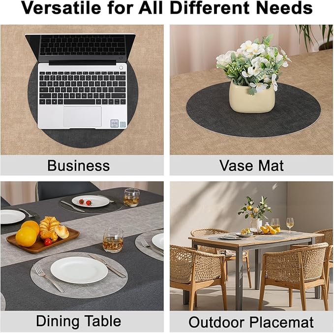 Myir JUN Reversible Vinyl Round Placemats Set of 4, Faux Leather Place Mats Dual Sided Waterproof Oilproof Wipeable, Heat-Resistant Table Mats for Kitchen Dining Indoor Outdoor (14", Light Gray Gray)