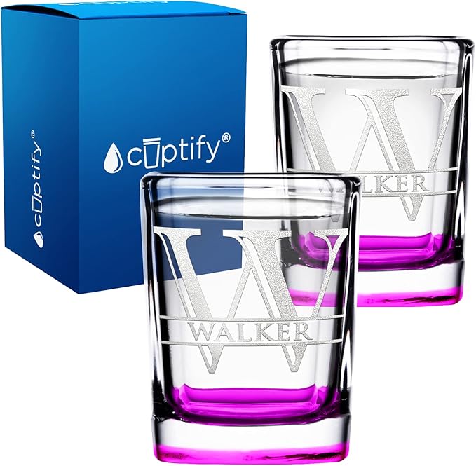 Personalized Glasses Set of 2 Initial and Name 2oz Pink Bottom Etched Square Shot Glass Engraved with Custom Text Birthday or Christmas Gift for Women
