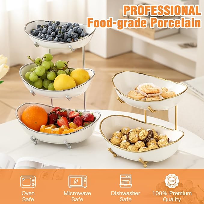 2 Tier Ceramic Fruit Bowl for Kitchen Counter, Tiered Fruit Basket for Countertop, Modern Multi Layer Fruit Display Stand for Party, Cute (Gold-rimmed, Small)