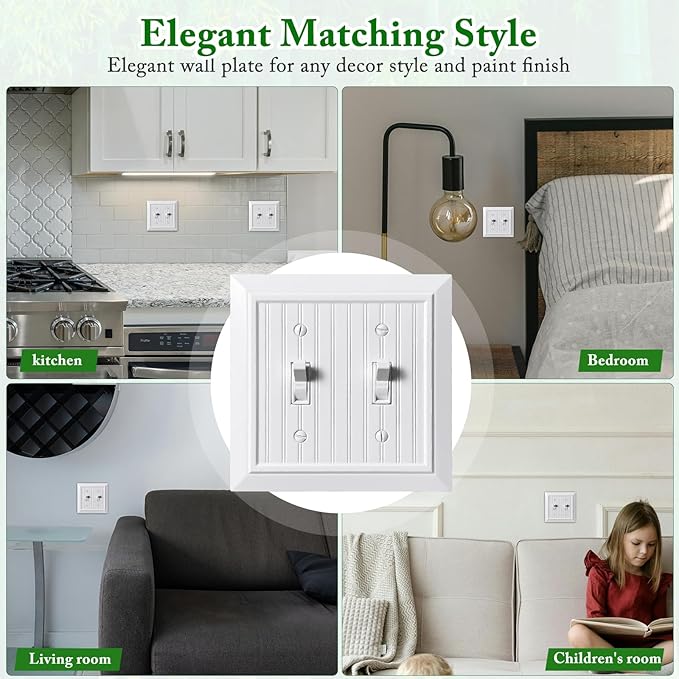 Beadboard Outlet Covers Wall Plates, Bamboo Fiber Light Switch Covers, Natural Material Electric Receptacle Decorative Switch Plate Outlet Cover (Pure White, 2 Gang Toggle 2 Pack)