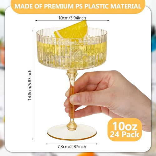 24 Pcs Ribbed Martini Glasses 10 oz Disposable Plastic Vintage Ribbed Coupe Glasses Unbreakable Dessert Parfait Glassware for Wedding Birthday Party Supplies (Gold)