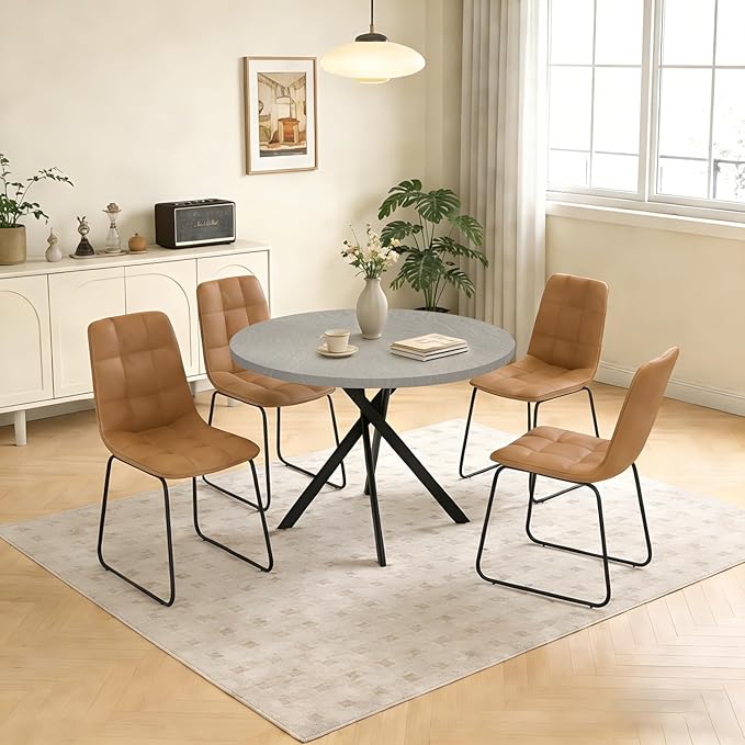44" Round Dining Table with Cozy Chair Set for 4, Modern Mid-Century Dining Table Set of 4, Dinette Sets with Metal Leg for Kitchen Dining Room Apartment(Gray Table + Brown Chairs)