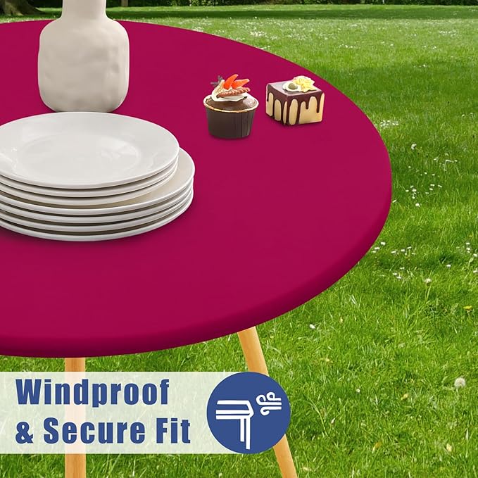 Round Spandex Tablecloth 2 Pack, Elastic Fitted Waterproof Tablecloths for 45"-56" Tables, Stretch Washable Picnic Table Cover for Camping, Dining, Indoor and Outdoor, Fuchsia