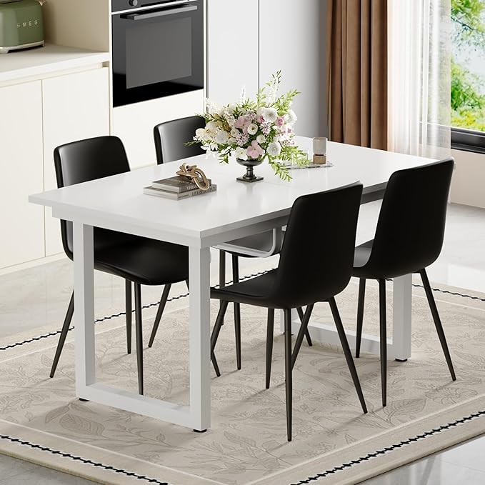 Extendable Dining Table Set for 8, 55"–71" Modern White Kitchen Table with 8 Upholstered Chairs, Space-Saving for Living Room Apartment, Sturdy & Comfortable, Easy Assembly