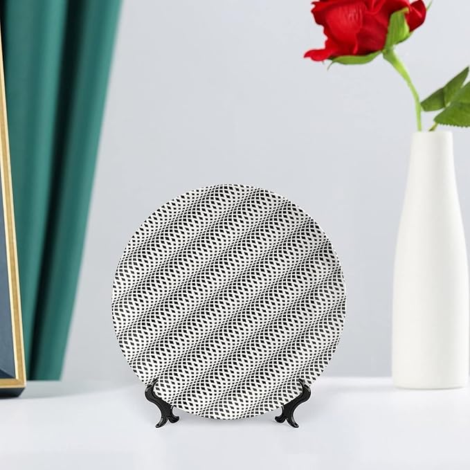 Decorative Plates, Abstract Print Ornament, Wavy Rhombus Abstract Modern Monochrome Decor, 10 Inch, 1 Plate with 1 Display Stand, Black White