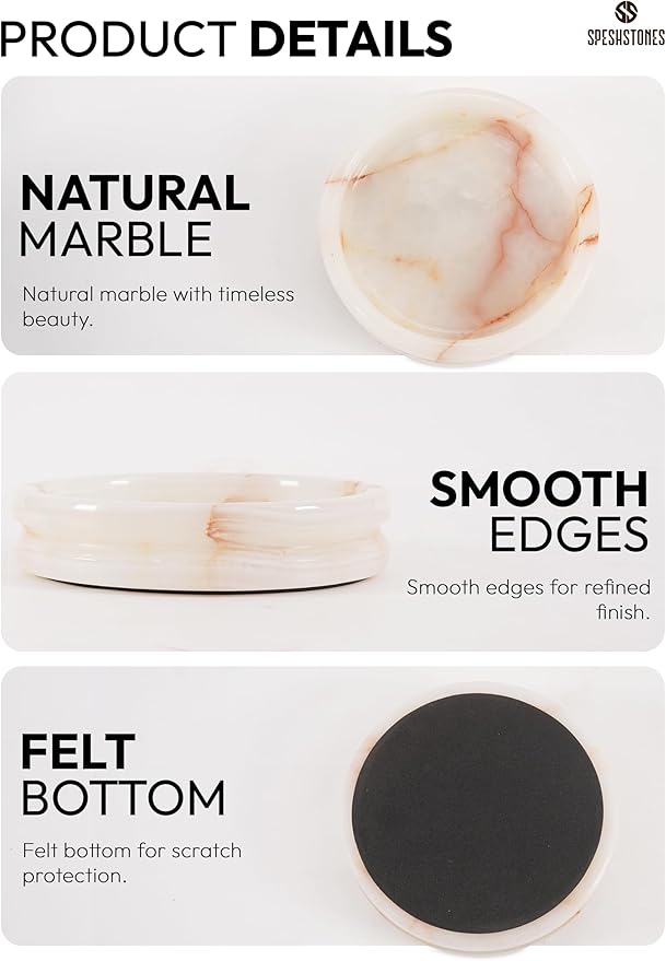 Marble Jewelry Dish for Women 5 Inch Handmade White Onyx Stone Holder for Ring & Necklace - Decorative Trinket Tray, Key Bowl & Candle Plate for Vanity Decor Accessories & Gifts