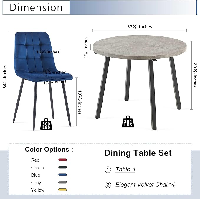 Modern 4-Person Round Dining Table Set, Space-Saving for Kitchen, Living Room, Apartment, Includes Dining Table & 4 Blue Chairs,Small Dining Room Set for 4