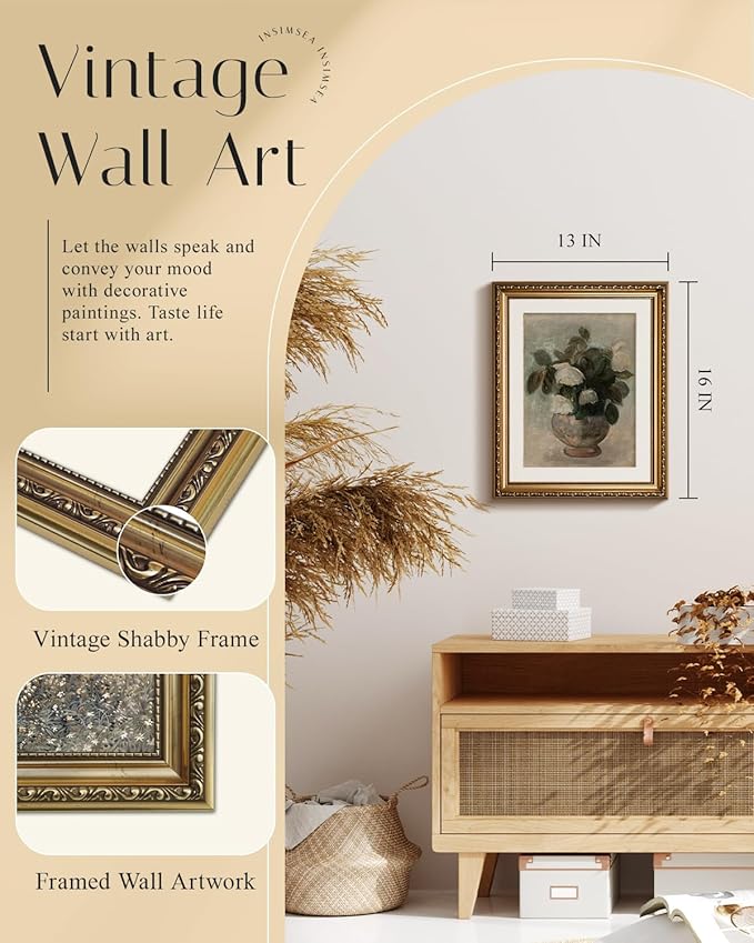 InSimSea Retro Gold Framed Wall Art, Home Room Rose Flower Vintage Wall Decor, Canvas Print Artwork, Farmhouse Country Decor, Antique Picture Frame Floral Paintings, 13x16 Inch