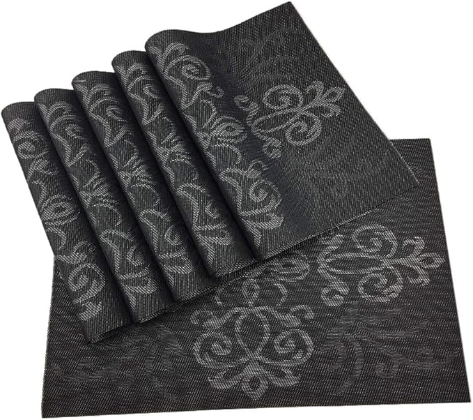 Gugrida Luxury Black Placemats Set of 6 Crossweave Woven Vinyl Placemat for Dining Table Heat Resistant Non-Slip Kitchen Table Mats Easy to Clean
