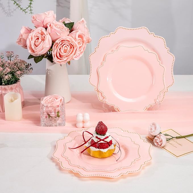 COLOSUS 60Pcs Disposable Plastic Plates Set, Gold Pink Party Plates, 30pcs Dinner Plates and 30pcs Salad/Dessert Plates for Wedding, Party, Anniversary, Daily Use,Valentine's Day