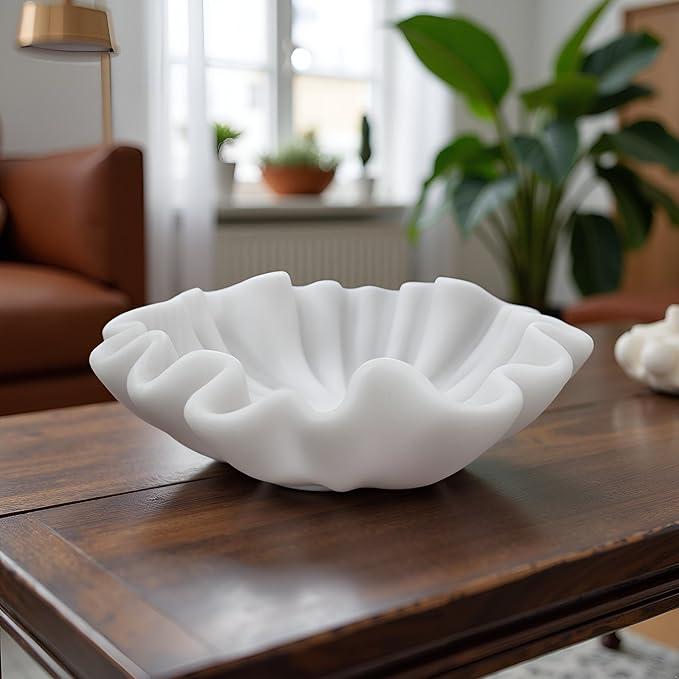 12" Large Handmade Decorative Bowl decor , Handicraft Scalloped Bowls for Modern Home Decor,Ruffle Decor,Key Bowl for Entry Table,Decorative Fruit Bowl for Kitchen Counter,Artificial Stone Milky White