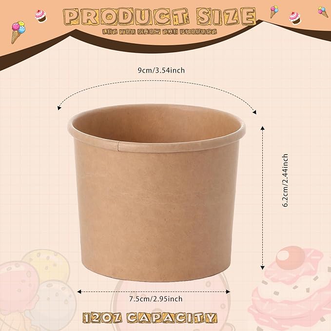 Honeydak 100 Pieces Ice Cream Soup Cups Paper 8 oz Disposable Sundae Bowls Kraft Paper Hot Cold Snack Yogurt Dessert Small Cups for Ice Cream Baby Shower Party Supplies, Brown Disposable Bowls