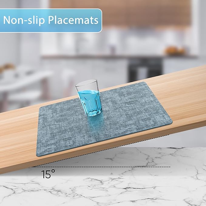 Placemats Set of 8 Washable, Heat Resistant Table Placemats Wipeable Faux Leather Place Mats Non Slip, Waterproof Square Table Mats for Indoor Outdoor, Light Blue