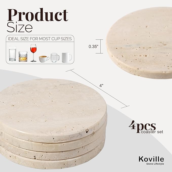 Koville Travertine Coasters, Marble Coaster Set of 4 for Drinks, 4" Round Stone Coasters Set Heat Resistant, Decorative Modern Cup Coaster for Coffee Table Home Bar Decor, Unique Gift Choice(Beige)