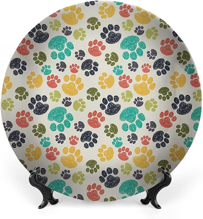 Ceramic Plates, Dog Lover Decorative Ceramic Plates, Cute Hand Drawn Paw Print Doodles, 6 Inch, for Dining, Parties, Wedding, Multicolor