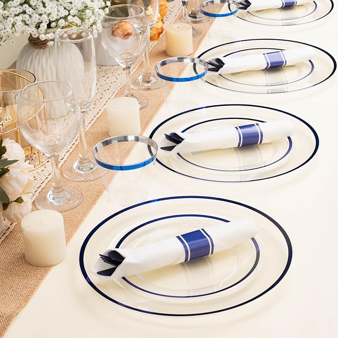 700PCS Clear Blue Disposable Plastic Dinnerware Set for 100 Guests, 200 Plastic Plates, 100 Cups, 100 Pre-Rolled Napkins with Cutlery for Party, Birthday, Christmas, Wedding, Thanksgiving, Halloween