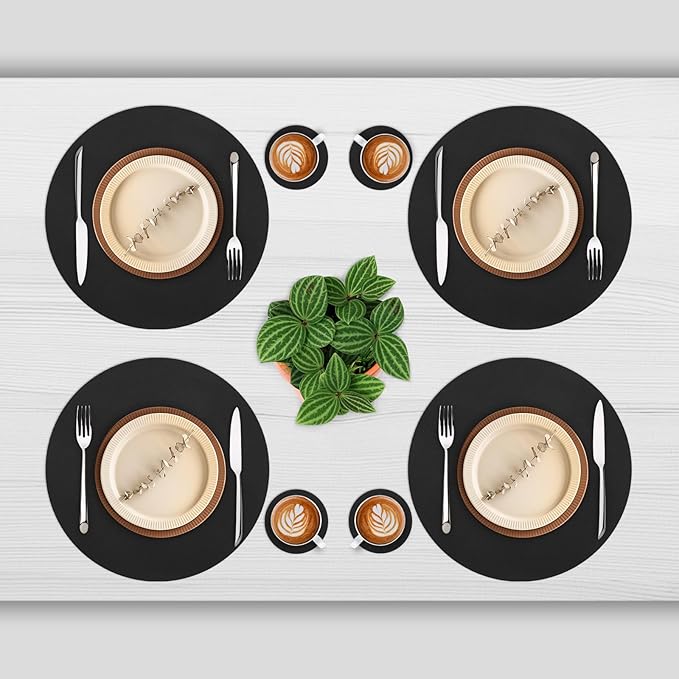 Myir JUN Round Placemats Set of 6 Faux Leather Place Mats and Coasters 15 inch Round Table Mats Dual Sided Non-Slip Stain Resistant Placemats (Black 01, Set of 6)