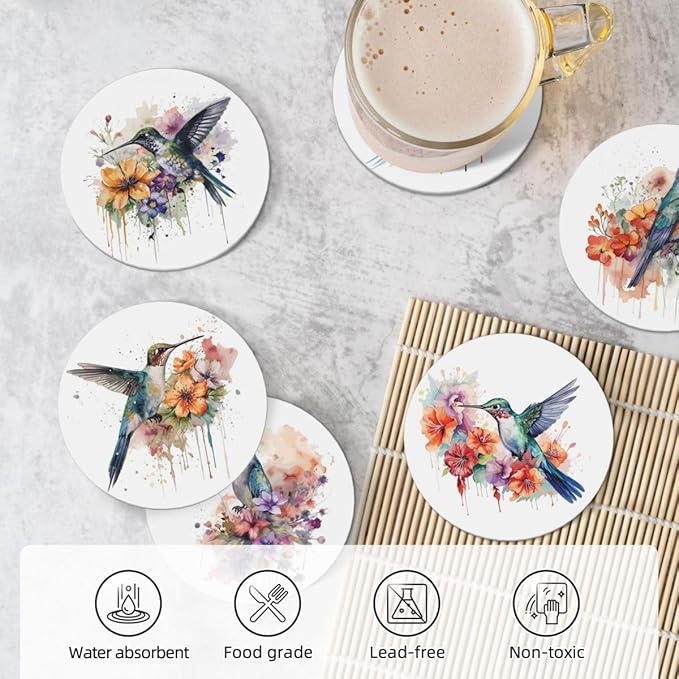 Drink Coasters for Drinks Set of 6, Watercolor Hummingbird Absorbent Round Ceramic Stone Mat, with Cork Base and Metal Holder, Home Bar Decor House Warming Gift