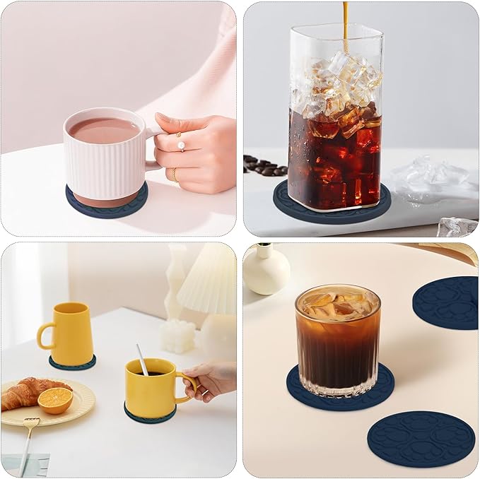Blue Silicone Coasters with Holder, 4 Inch Non-Slip Coffee Round Cup Mats, Modern Bar Coaster Set of 6 for Desk, Table, Drink, Beer, Berverage - Dishwasher Safe