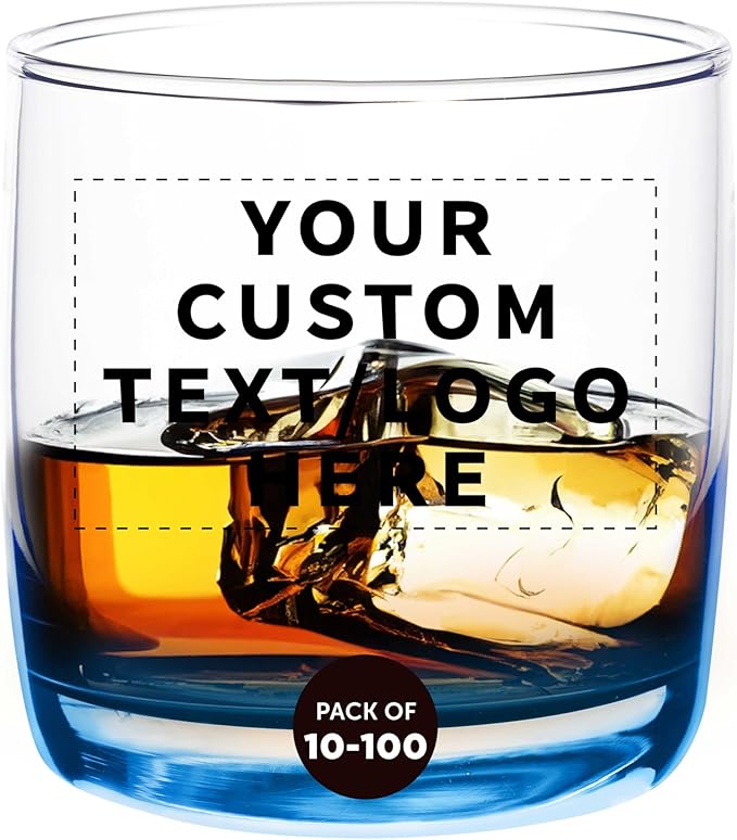 DISCOUNT PROMOS Custom Whiskey Glasses 10 oz Set of 10/50/100, Personalized Bulk Pack - Heavy Base Old Fashioned Glass, Perfect for Scotch, Bourbon, Whiskey, Cocktail - Blue Bottom Color