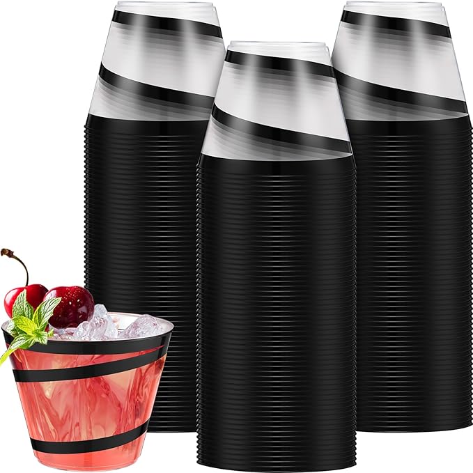 Gejoy 9 oz Rimmed Swirl Plastic Cups Disposable Wine Drinking Cups Clear Elegant Halloween Tumblers for Christmas Party Supplies(Black,24 Pcs)